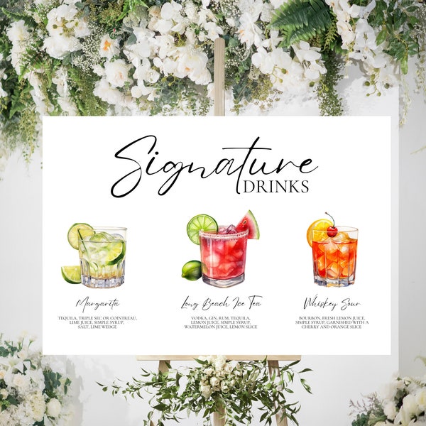 Featured Signature Drink Sign Bar Menu Template Minimalist Printable Bar Menu Modern Editable Drink Menu Template with Drinks and Garnishes