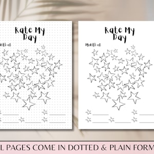 K&ouml;nnte beinhalten: Zwei druckbare Seiten mit einem schwarzen und wei&szlig;en Sternmuster. Die Seiten sind mit "Rate My Day" betitelt und haben einen Platz f&uuml;r den Monat. Der Text "ALL PAGES COME IN DOTTED & PLAIN FORMAT" befindet sich am unteren Rand des Bildes.