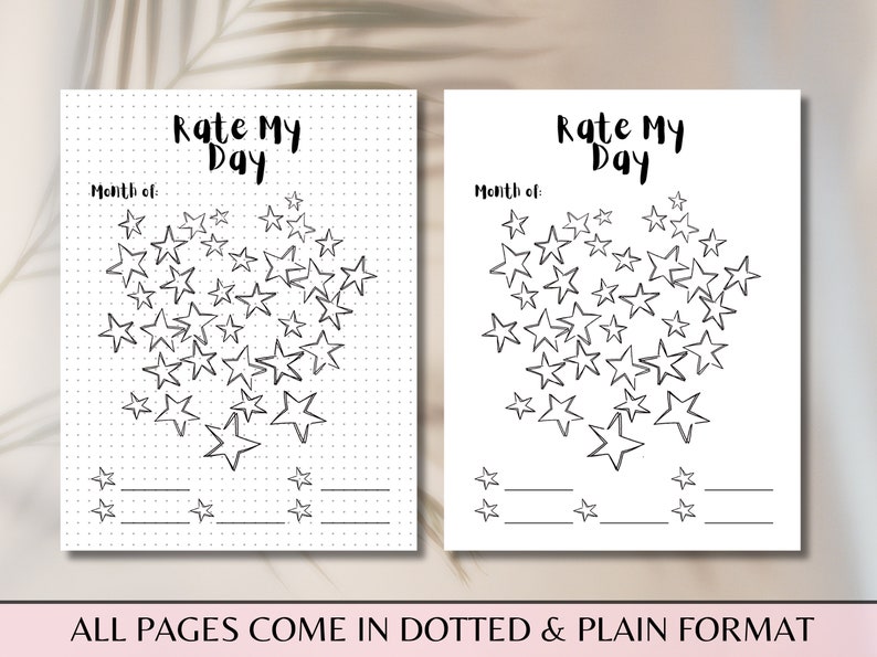 K&ouml;nnte beinhalten: Zwei druckbare Seiten mit einem schwarzen und wei&szlig;en Sternmuster. Die Seiten sind mit "Rate My Day" betitelt und haben einen Platz f&uuml;r den Monat. Der Text "ALL PAGES COME IN DOTTED & PLAIN FORMAT" befindet sich am unteren Rand des Bildes.