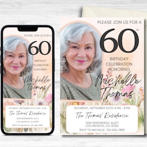 60th Birthday Invitation, Birthday Invitation, 60th Birthday, Digital Invitation, 60th Birthday Invitation For Her, Editable Template, Canva