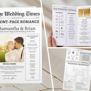 以下が含まれることがあります： 結婚式の発表新聞。カップル写真、結婚式パーティーリスト、感謝の言葉のセクションがあります。見出しは「Front-Page Romance」で、カップルの名前、サマンサ＆ブライアン、そして「Take Center Stage in the Wedding of the Year」というテキストが書かれています。