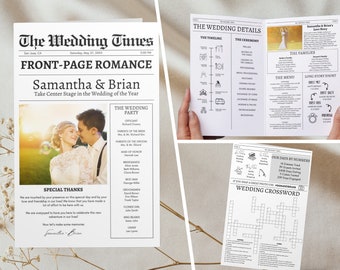May include: A wedding announcement newspaper with a photo of the couple, a wedding party list, and a special thanks section. The headline reads "Front-Page Romance" with the couple's names, Samantha & Brian, and the text "Take Center Stage in the Wedding of the Year".