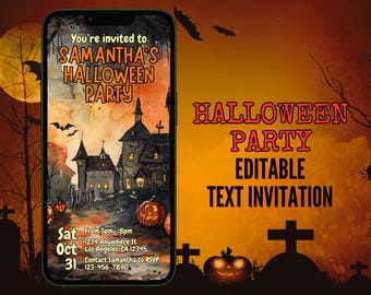 May include: A digital Halloween party invitation on a smartphone screen. The design features a spooky haunted house, pumpkins, bats, and the text "SAMANTHA'S HALLOWEEN PARTY". The invitation is editable and includes event details.