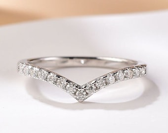 Engagement Round Moissanite V-Shaped Ring in 925 Sterling Silver | Wedding Band,Stacking Moissanite Wedding Band | D VVS1