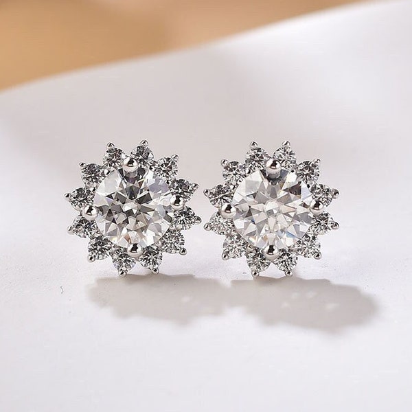 0,5-1 carat boucles d'oreilles en moissanite argent 925 tournesol | Stud solitaire diamants | Repousser | Unisexe | Vendus par paires | Couleur D VVS1