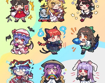 May include: Nine colorful cartoon character illustrations of anime-style girls with different accessories and expressions. The characters are set against a yellow, blue, and pink background.