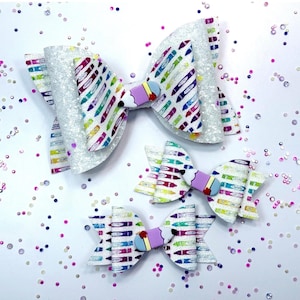 School Glitter Hair Bows - Back to School Hair Accessories, Hair Bows For Girls, Crayon Hair Bows, Matching Bow Set, White Glitter Hair Bows