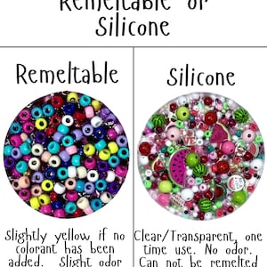 Puede incluir: Imagen que compara cuentas remeltables y de silicona. El lado izquierdo muestra una mezcla de cuentas coloridas. El lado derecho muestra una variedad de cuentas con acentos de frutas. El texto dice "Elige entre Remeltable o Silicona."