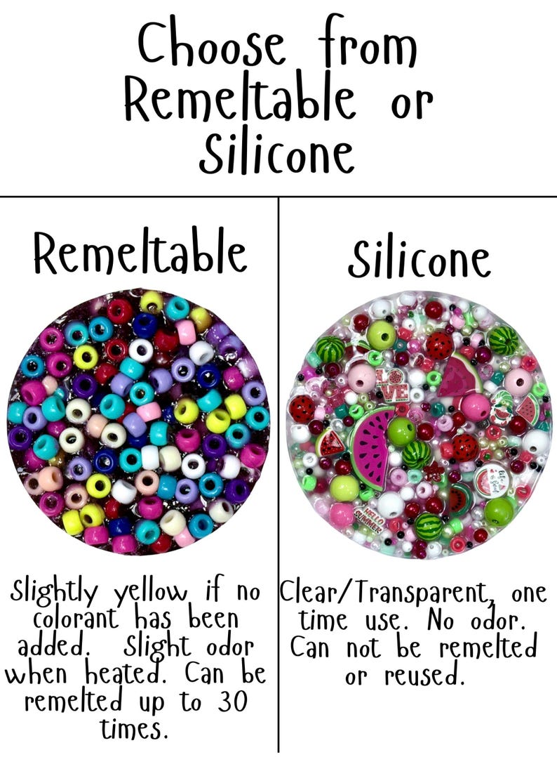 Puede incluir: Imagen que compara cuentas remeltables y de silicona. El lado izquierdo muestra una mezcla de cuentas coloridas. El lado derecho muestra una variedad de cuentas con acentos de frutas. El texto dice "Elige entre Remeltable o Silicona."