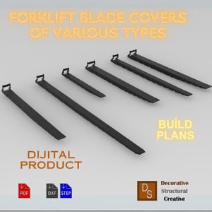Könnte beinhalten: Ein digitales Produktbild mit mehreren schwarzen Gabelstapler-Gabelabdeckungen in verschiedenen Größen. Der Text "FORKLIFT BLADE COVERS OF VARIOUS TYPES" ist orange dargestellt. Zusätzlicher Text lautet "DIGITAL PRODUCT" und "BUILD PLANS".