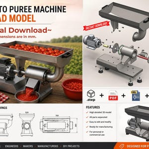 May include: A 3D CAD model of a tomato puree machine featuring a hopper, electric motor, and internal auger mechanism. The digital download includes technical drawings with dimensions in mm, an exploded view, and file formats .step, .pdf, .dwg, and .dxf.