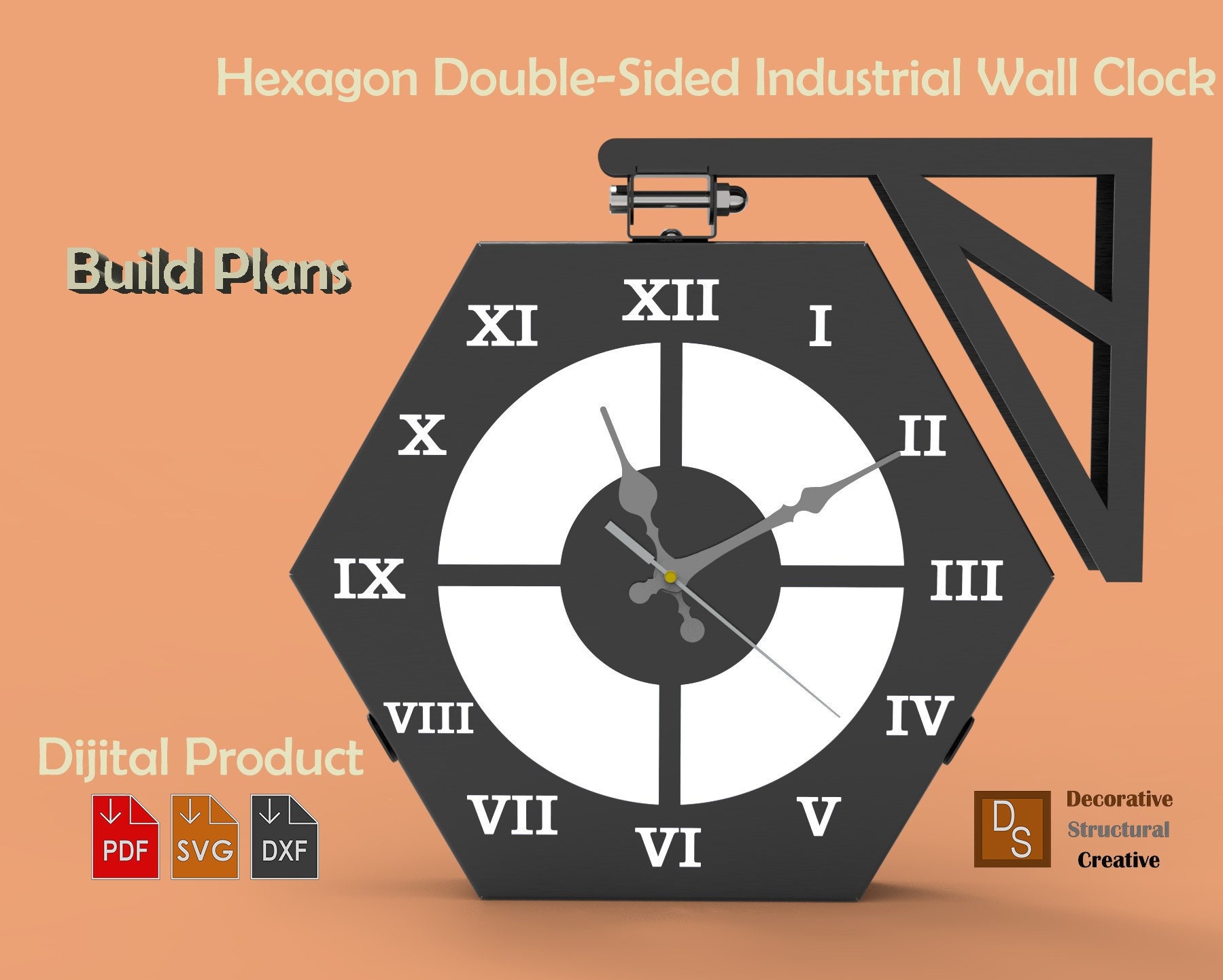 Hexagon Double Sided Industrial Wall Clock Printable PDF, DXF, SVG Diy