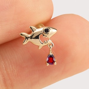 14K Solid Gold Shark Shape Dangle Garnet Stud, Black Spinel Cartilage Helix Earlobe Earring, Gemstone Fish Threadless Flat Back Piercing