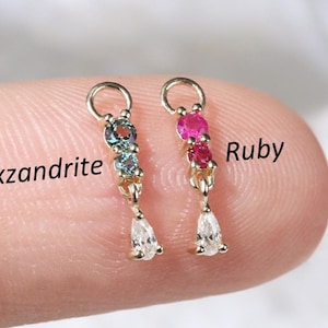 14K Solid Gold Dangle Alexandrite with Moissanite Charm, Ruby with Moissanite Hoop Charm, Huggie Belly Ring Clicker Charm,Earring Attachment