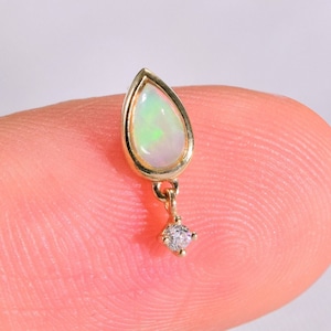 14K Solid Gold Natural Opal Pear Shape Stud Opal Teardrop With Moissanite Dangle Earring Flat back Push Pin Tragus Cartilage Helix Earring