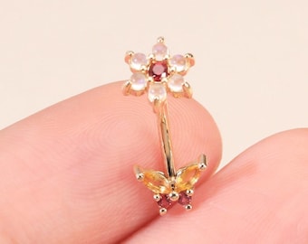 14K Solid Gold Moonstone Flower Rook Piercing, Citrine Butterfly Internally Threaded Barbell Ring, 16G Gemstone Floral Belly Eyebrow Ring
