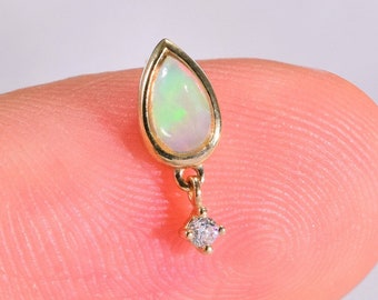 14K Solid Gold Natural Opal Pear Shape Stud Opal Teardrop With Moissanite Dangle Earring Flat back Push Pin Tragus Cartilage Helix Earring