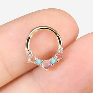 14K Solid Gold Moonstone with Turquoise Conch Hoop, Moissanite Seamless Clicker, Gold Nostril Ring, Septum Cartilage Hoop, Rook Earring 16G