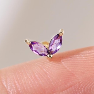 14K Solid Gold Amethyst Butterfly Helix Cartilage Piercing, Marquise Cut Gemstone Conch Tragus Stud, Gold Purple Labret Lobe Threadless Pin