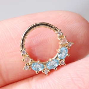 14K Solid Gold Swiss Blue Topaz Moonstone with Moissanite Clicker, Gemstone Septum Daith Clicker, Gold Conch Cartilage Seamless Hoop Earring