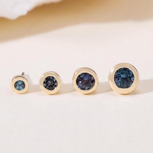 14K Solid Gold Bezel Setting Alexandrite Threadless Push In Labret Stud, Multiple Size Gem Helix Nose Lobe Cartilage Conch Flat Back Earring