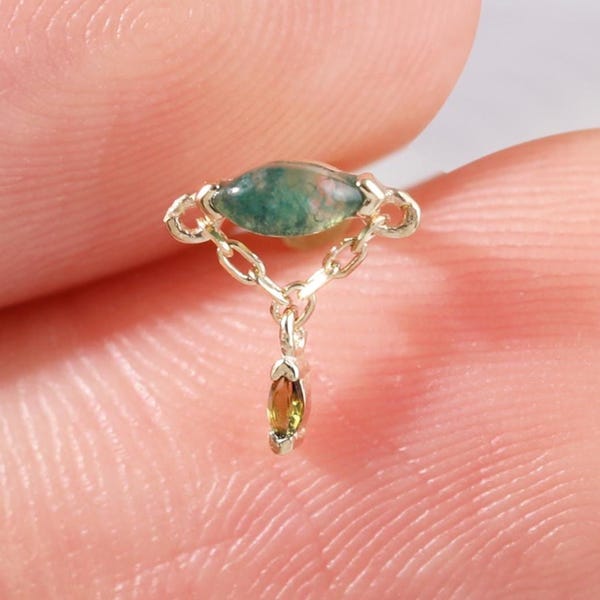 14K Solid Gold Moss Agate Dangle Cartilage Stud, Green Tourmaline Cable Chain Earring, Gold Helix Tragus Earlobe Nose Push Back Piercing