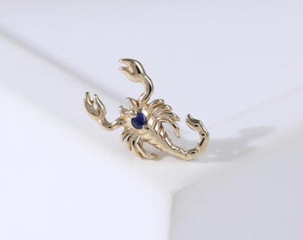 14K Solid Gold Scorpion Sapphire Flat Back Earring, Animal Shaped Helix Cartilage Tragus Stud, Gemstone Lobe Conch Nose Push Back Piercing