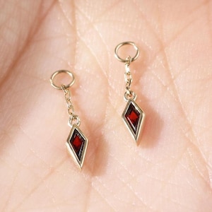 14K Solid Gold Dangle Red Garnet Charm, Kite Shaped Hoop Charm Earring, Rook Cartilage Earlobe Clicker Charm, Gemstone Tragus Huggie Addon