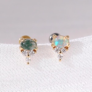 14K Solid Gold Moss Agate with Moissanite Earring, Oval Opal Tragus Helix Cartilage Labret Flat Back, Gemstone Threadless Push Pin Stud