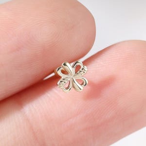 14K Solid Gold Four-leaf Clover Flat Back Stud, Lucky Shamrock Helix Conch Push Back Earring, Real Gold Lobe Nose Labret Cartilage Piercing