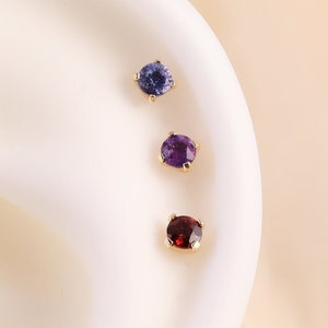 14K Solid Gold Round Amethyst Threadless Pin Stud, Tanzanite Prong Set Helix Tragus Earring, Garnet Cartilage Nose Labret Conch Flat Back