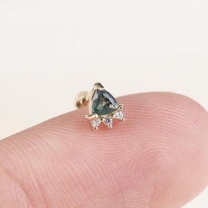 14K Solid Gold Moss Agate with Moissanite Earring, Gold Moss Agate Triangle Piercing, Helix  Cartilage Earlobe Tragus Stud, Threadless Pin