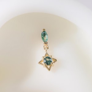 14K Solid Gold Dangle Moss Agate Star Piercing, Gold Gemstone Star Threadless Pin Stud, Real Gold Earlobe Conch Helix Flat Back Earring