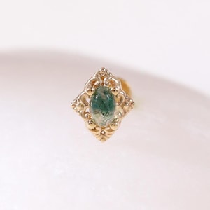 14K Solid Gold Moss Agate Floral Flat Back Piercing, Gemstone Flower Helix Cartilage Earring, Rhombus Conch Labret Nose Threadless Pin Stud