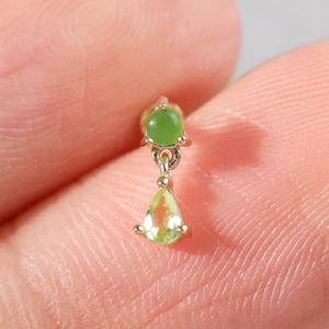 14K Solid Gold Jade with Peridot Helix Threadless Pin Stud, Dainty Dangle Gem Cartilage Tragus Stud, Teardrop Earlobe Flat Back Piercing