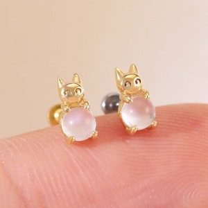 14K Solid Gold Squirrel Moonstone Cartilage Stud, Cute Moonstone Earring, Flat Back Earring, Helix /Tragus Threadless Stud, Conch Earring