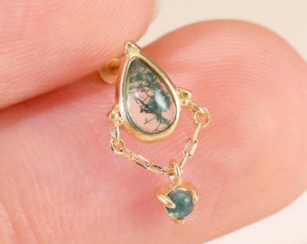 14K Solid Gold Dangle Moss Agate Cartilage Stud, Gold Chain Drop Helix Flat Back Piercing, Teardrop Gemstone Tragus Conch Lobe Push Back