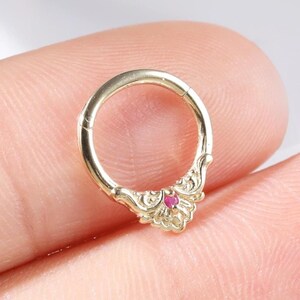 14K Solid Gold Ruby Flower Seamless Hinged Clicker, Gemstone Floral Septum Nose Ring, Texture Helix Daith Rook Cartilage Hoop Earring 16G