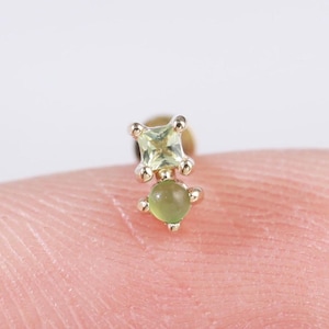 14K Solid Gold Peridot with Jade Stud, Gemstone Helix Tragus Threadless Push Pin Piercing, Gold Cartilage Conch Lobe Flat Back Earring