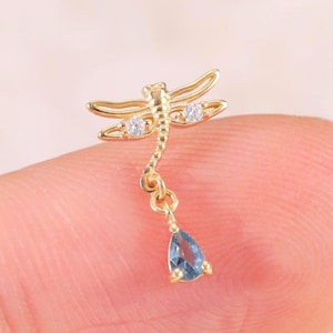 14K Solid Gold Dragonfly Shape Cartilage Earring, Dangling London Blue Topaz Helix Earlobe Piercing, Moissanite Threadless Flat Back Stud