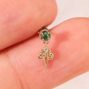 14k Solid Gold Dangle Moss Agate Kolczyki, Mały Kamień Szlachetny Kolczyk, Płaskie Tył Kolczyki, Labret Kolczyk, Koncha Kolczyk, Helix Kolczyk, Tragus Kolczyk
