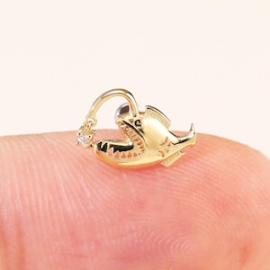 14k Solid Gold Anglerfish Moissanite Push Pin Stud, Gemstone Fish Tragus Threadless Earring, Angler Fish Cartilage Conch  Flat Back Piercing