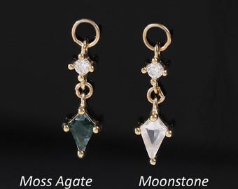 14K Solid Gold Dangle Moss Agate with Moissanite Charm, Kite Cut Moonstone Hoop Clicker Charm Earring, Diamond Rook Ring Piercing Charm