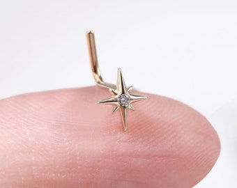 14K Solid Gold Moissanite Bezel Setting North Star Nose Stud, L-Shaped Diamond Nose Ring, Solid Gold Dainty Thin 20G Nose Piercing
