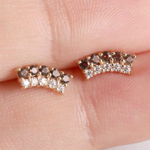 14K Solid Gold Smoky Quartz with Moissanite Climber, Fan Shape Cartilage Helix Conch Tragus Piercing, Gemstone Threadless Flat Back Earring