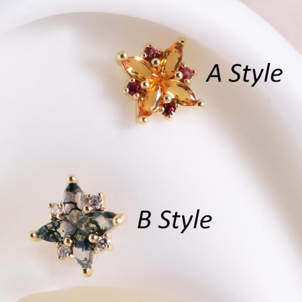 14K Solid Gold Moss Agate with Moissanite Flower Stud, Citrine with Orange Sapphire Cartilage  Earring, Helix Conch Threadless Push Pin