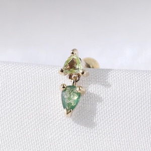 14K Solid Gold Moss Agate Threadless Pin Stud, Real Gold Dangle Peridot Cartilage Push Back Piercing, Helix Conch Tragus Push Back Earring