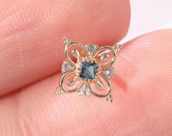 14K Solid Gold London Blue Topaz with Swiss Blue Topaz Stud, Floral Threadless Cartilage Earring, Flower Helix Conch Lobe Flat Back Piercing