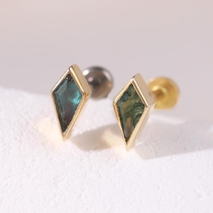 14K Solid Gold Moss Agate Rhombic Helix Conch Stud, Gold Alexandrite Cartilage Threadless Pin Earring, Earlobe Cartilage Flat Back Piercing