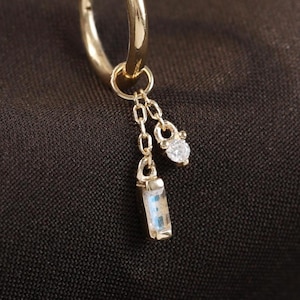 14K Solid Gold Moonstone Moissanite Dangle Charm, Helix Rook Hoop Charm Connector, Cartilage Conch Lobe Tragus Earring Piercing